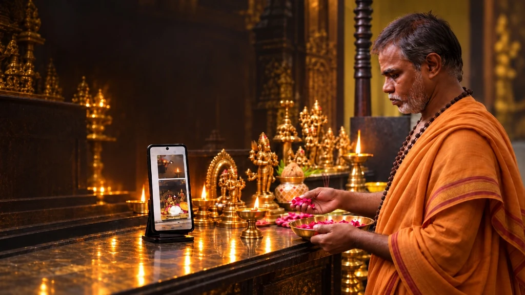 Priest performing personalized online pooja with live phone screen