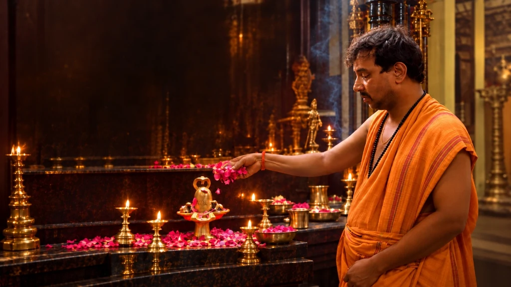 Priest offering flowers during Shiva pooja