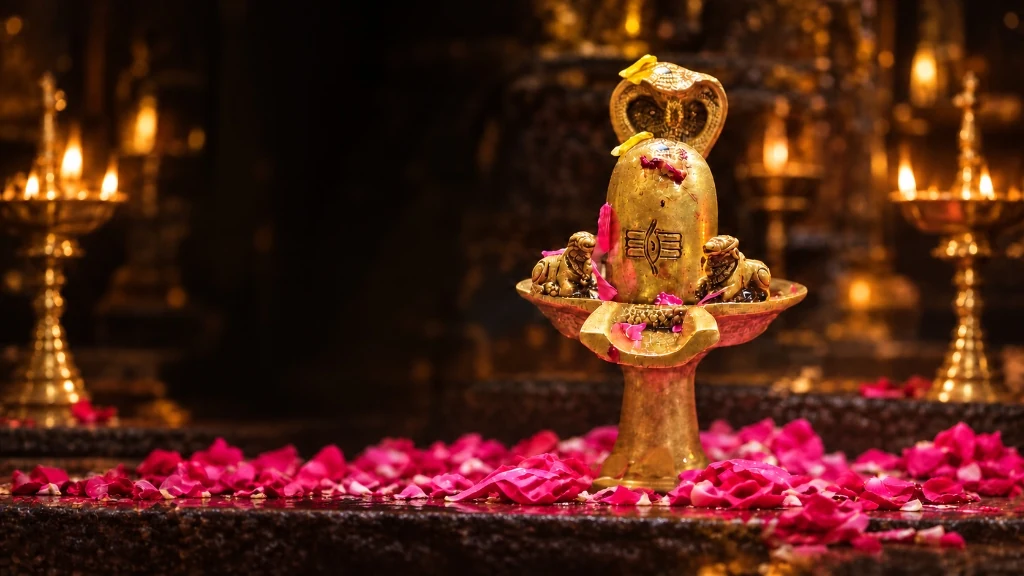 Golden Shiva Lingam surrounded by lamps and rose petals