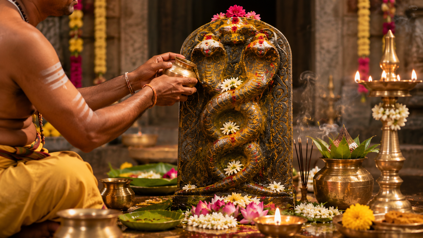 Vedic priest performing Abhishekam during traditional Naga Panchami rituals