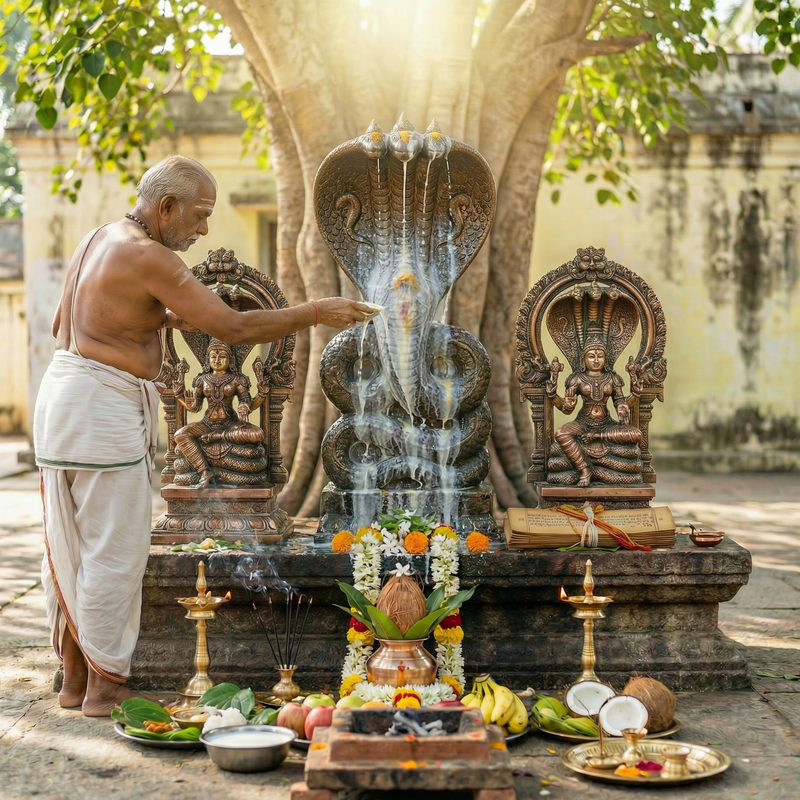 Vedic priest performing Naga Abhishekam with traditional pooja offerings