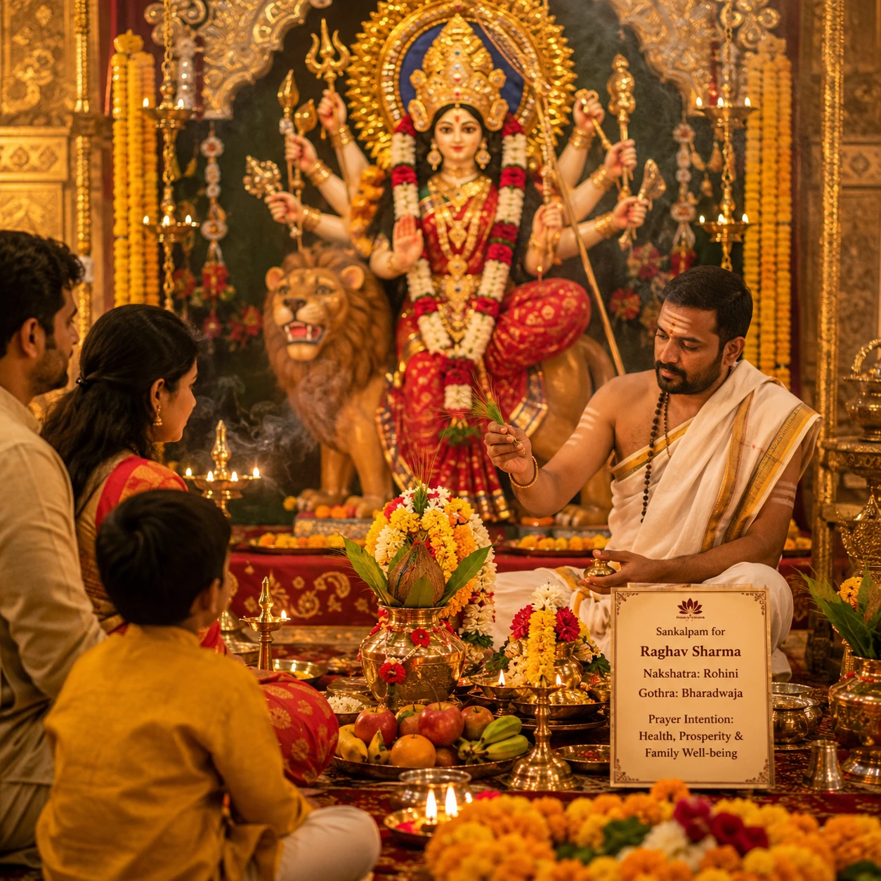 Vedic priest performing personalized Sankalpam for Navaratri Durga Pooja