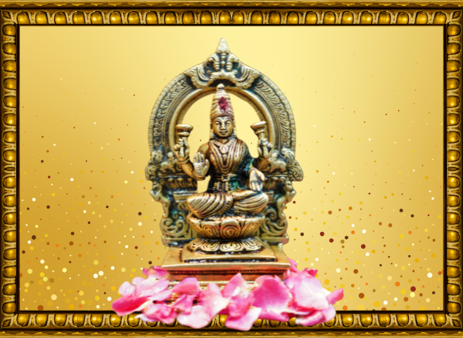 Lakshmi Puja ritual setup with kalash, flowers, and lamps